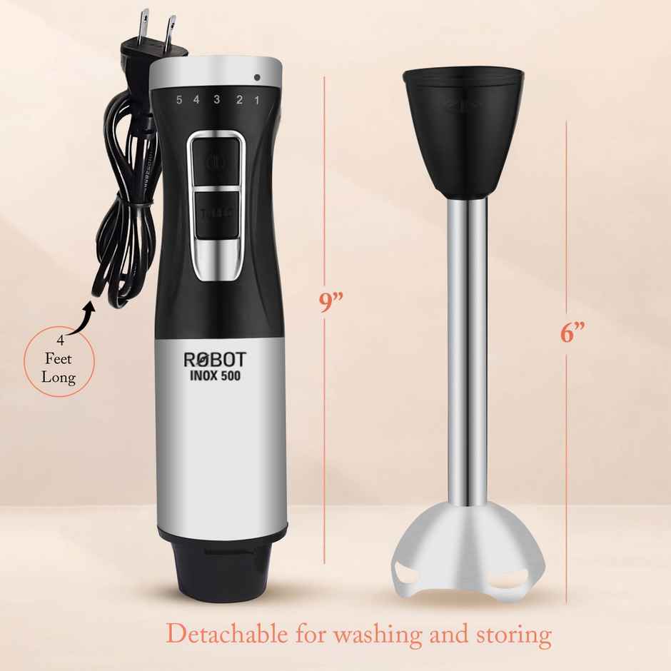 INALSA Electric Hand Blender RobotInox 500W Powerful DC Motor,Ultra Sharp SS Blade & Detachable Stem