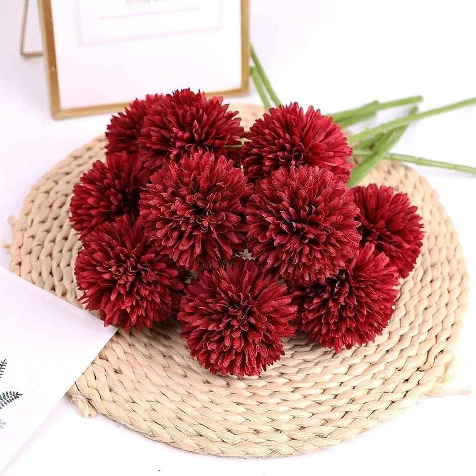 Tied Ribbons Set of 6 Artificial Chrysanthemum Ball Flowers Stick Bunch | Red | 29 Cm