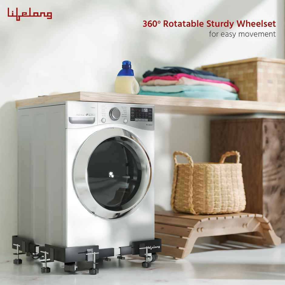 Lifelong Washing Machine Stand - Adjustable Metal Kitchen Trolley With Rubber Pads Black and White