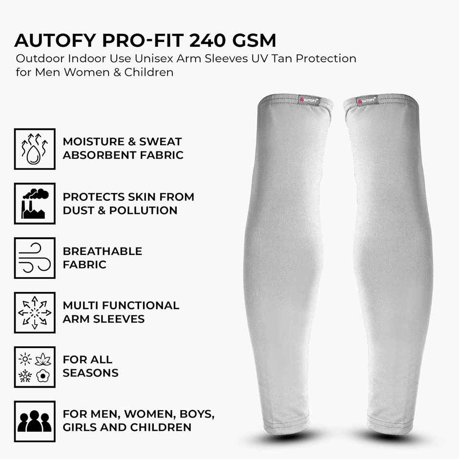 Autofy Pro|Fit 240 GSM Unisex Arm Sleeves UV Protection Compression/Cooling Effect | Grey | Pk of 2