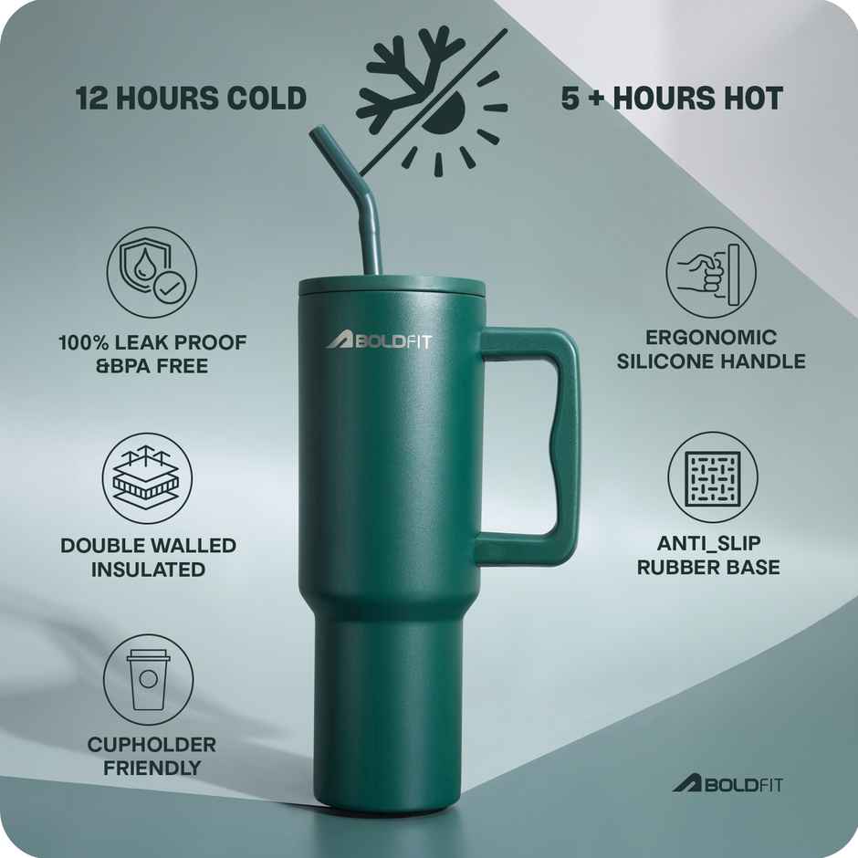 Boldfit Tumbler Bottle with Lid and Straw | Stainless Steel | Double Insulated | 1200 ml | Emerald