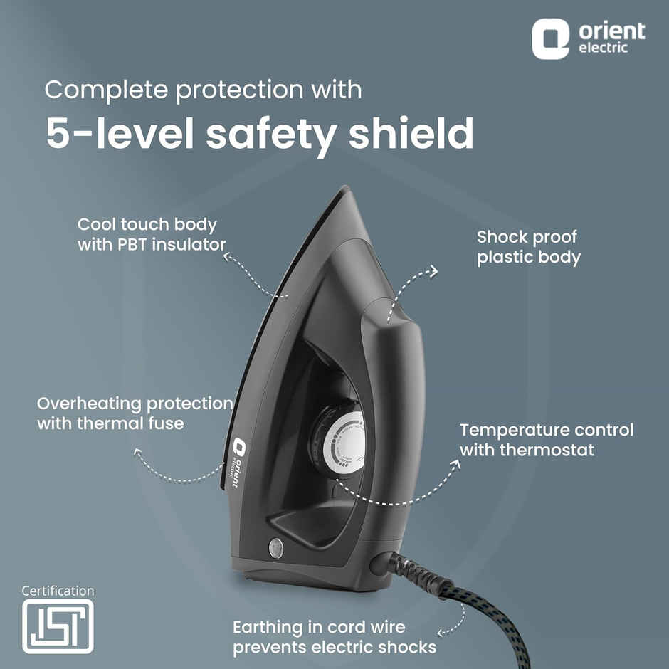 Orient Electric DIFG10GP Fabriglide 1000 W Dry Iron | German-made Weilburger coating on the soleplate| Silver Layered Thermostat for Better Heat Conductivity - Black & Grey