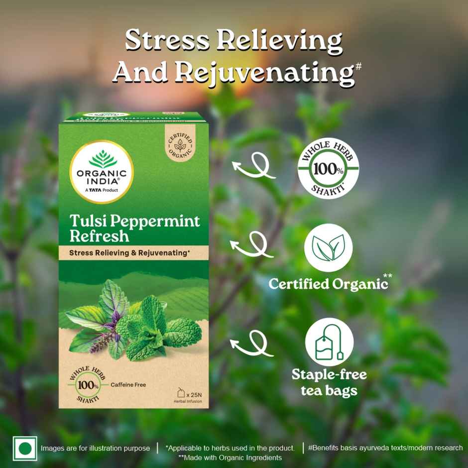 A TATA Product - Organic India Tulsi Peppermint 25 Tea Bags, Stress Relieving & Rejuvenating