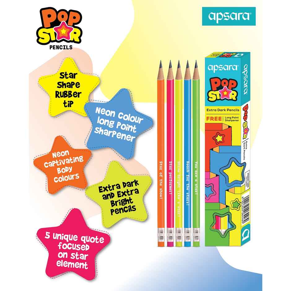 Apsara Popstar Pencils 5 Neon Shades With Extra Dark Lead & Star Rubber Tip