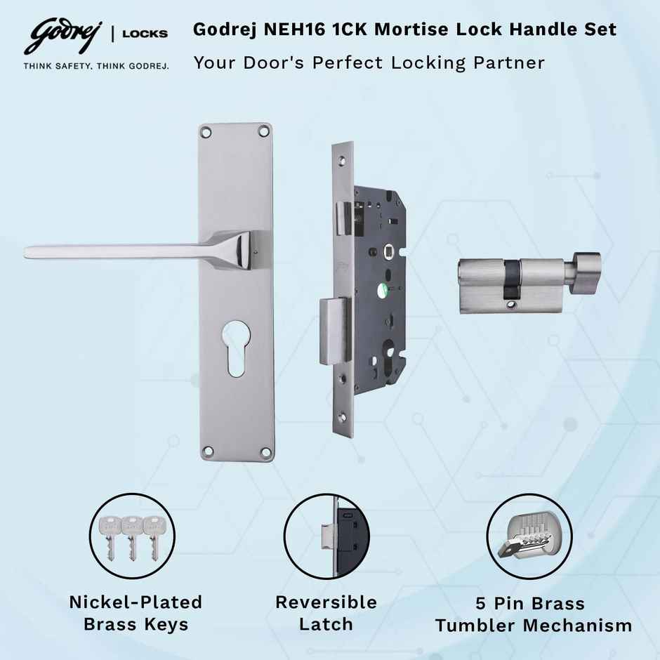 Godrej Mortise Lock NEH 16-1Ck | Europrofile | 5-Pin Mechanism | Satin Steel Finish