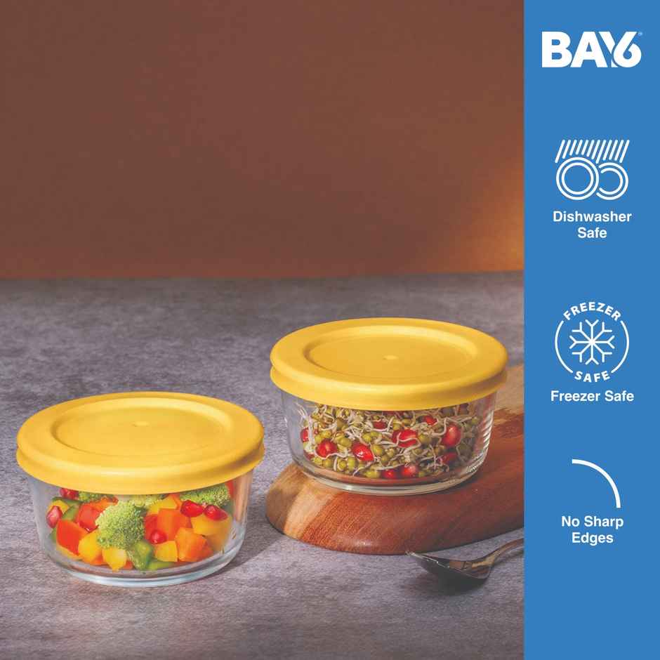 BAY6 Premium Imported Borosilicate Glass Container with Lid -472 ml - Round - Set of 2 - Yellow