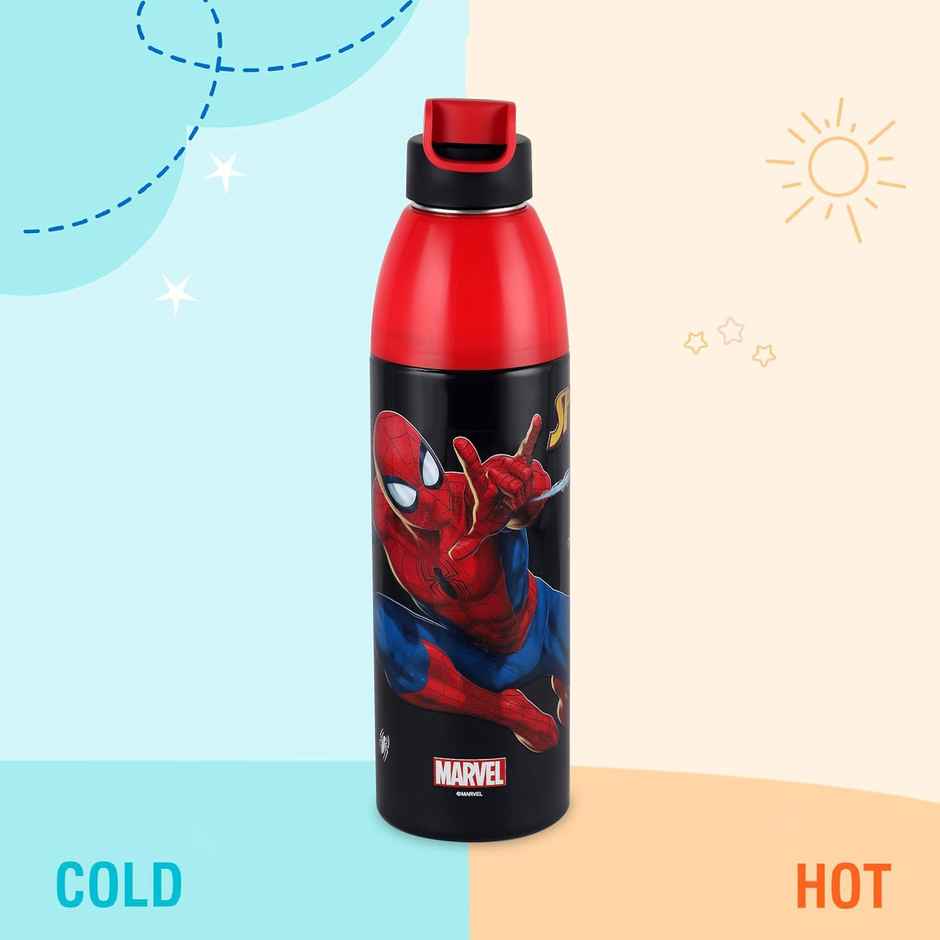 CELLO Kidzbee Uranus 600 Spiderman Print Water Bottle 540ml, Black |Leakproof Flip Cap