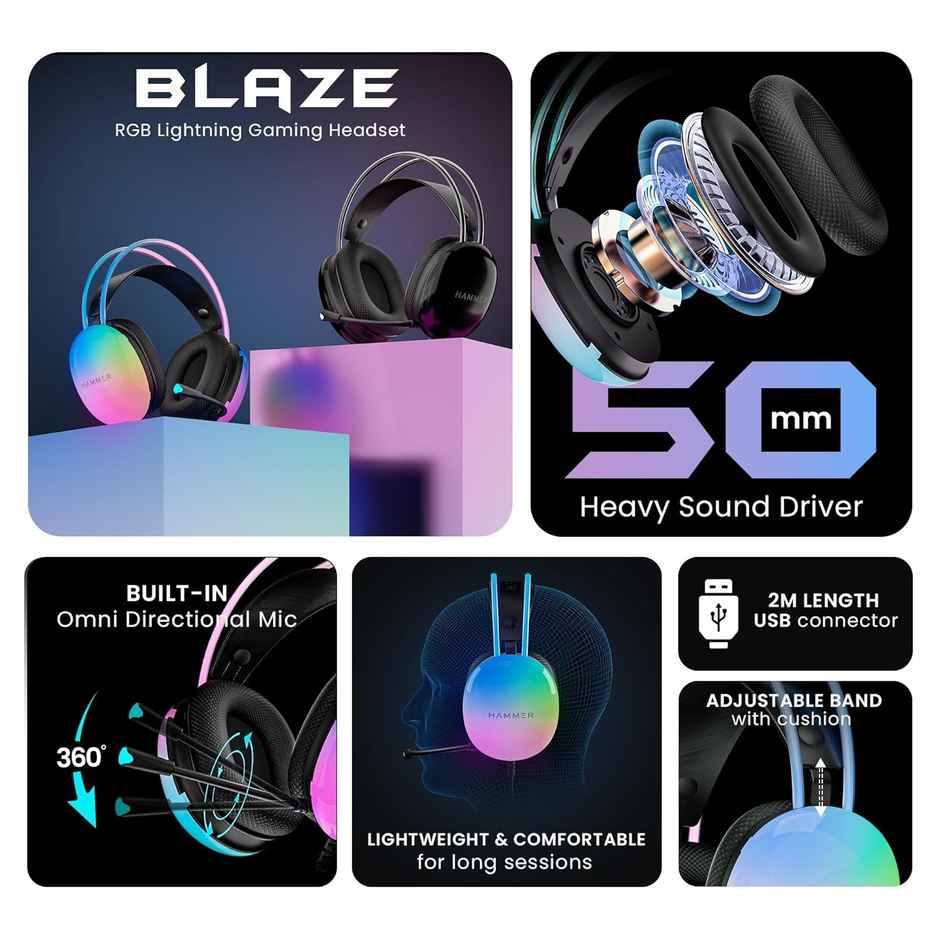 Hammer Blaze Wired Full Rbg Over Ear Gaming Headphones With Mic & 50Mm Driver - Black