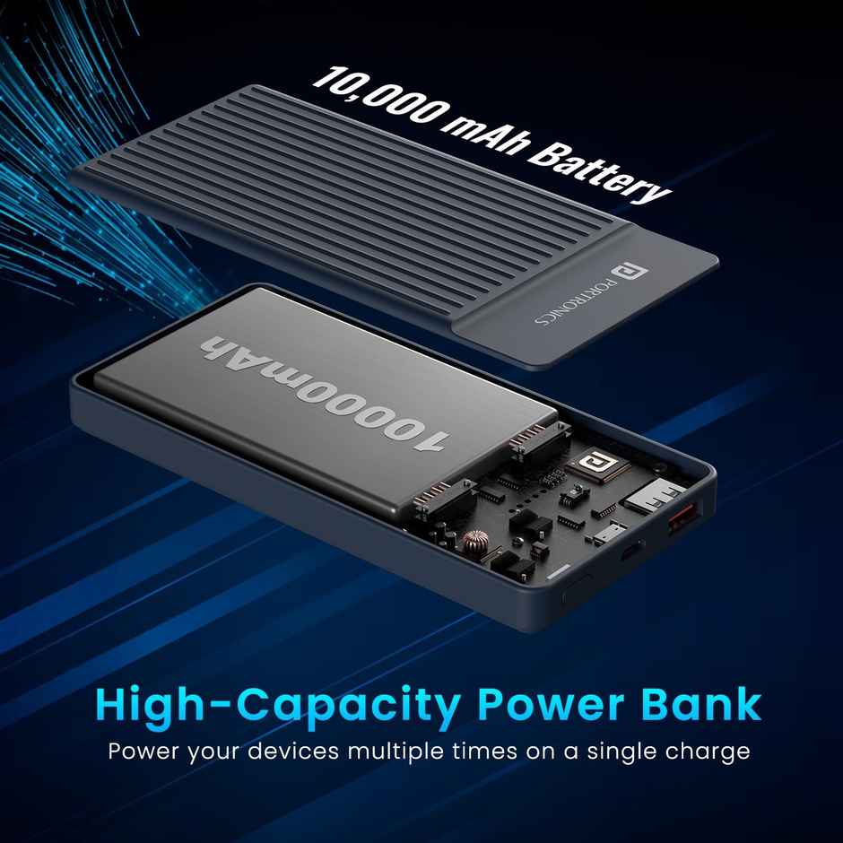 Portronics Luxcell B12 10,000mAh Ultra Slim Wired Power Bank with USB-A Output Port & Type C Input Port |12W Output |4-Layer Circuit Protection |BIS Certified |Type C Cable Included|Made in India - Dark Blue