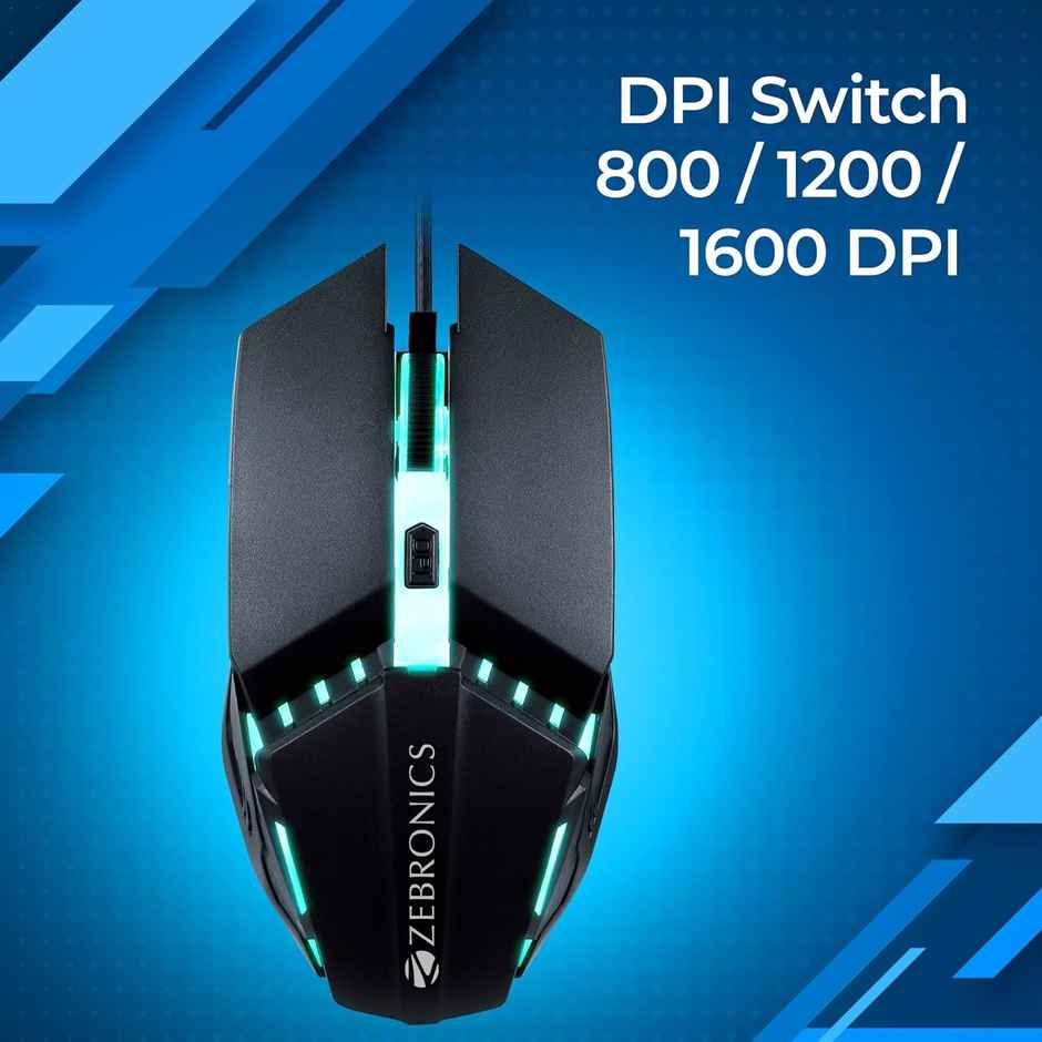 Zebronics Phero Wired Gaming Mouse With Up to 1600 DPI, LED Lights, DPI Switch, High Precision,4 Buttons - Black