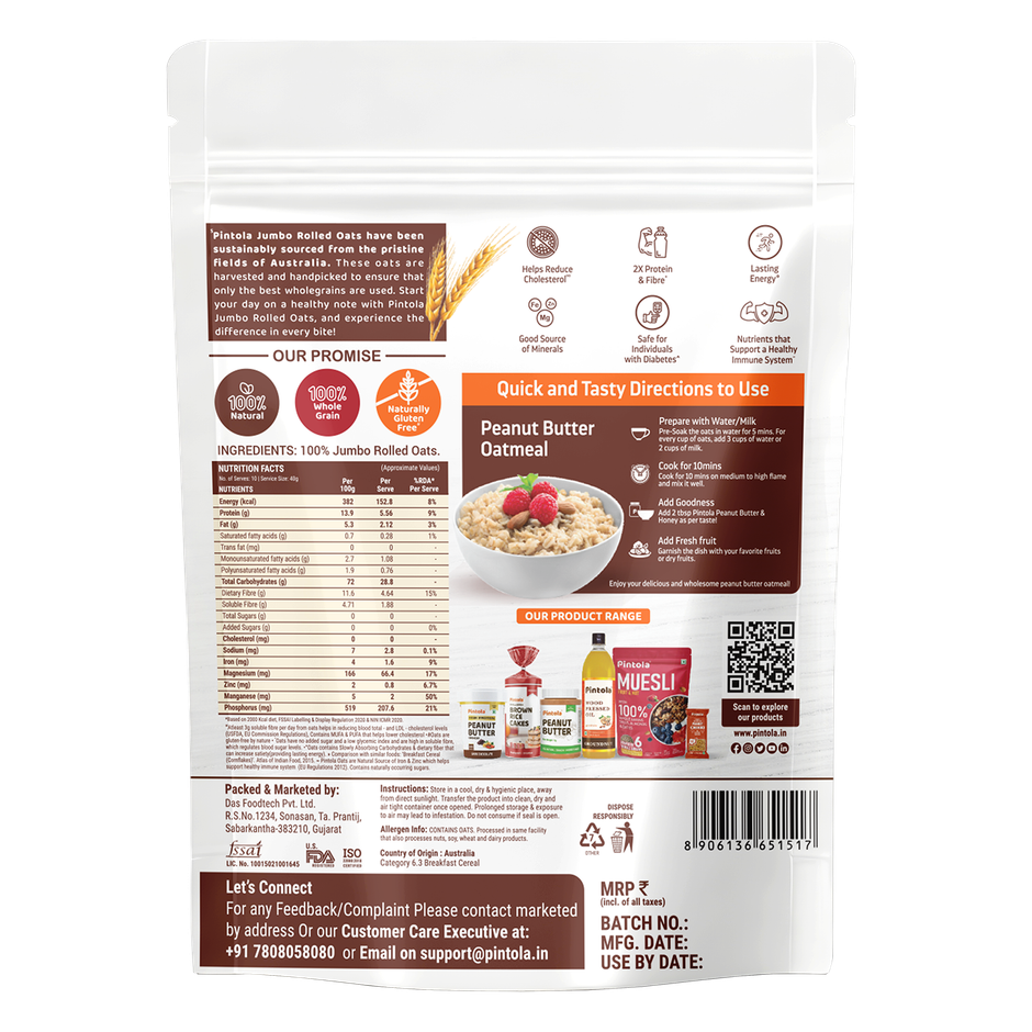 Pintola Oats Pure Jumbo Rolled Oats, Wholegrain, Gluten Free, High Fibre & Protein, Nutritious