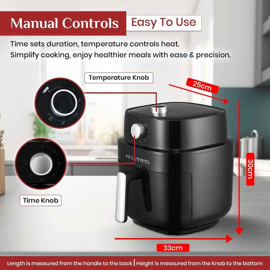 truTRTL Manual Air Fryer for Home | Actual 4.5 Liter | 1400 Watt | 1 Year Warranty | Uses 90% less Oil | Time & Temp Control Knobs | Glossy Black