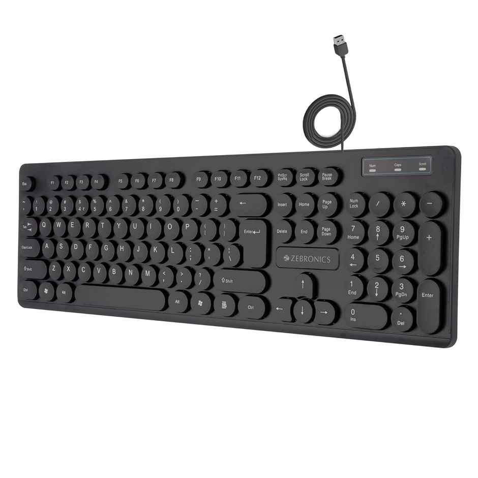 Zebronics K24 Wired USB Keyboard, 104 Keys, Long Life 8 Million Keystrokes, Silent & Comfortable Use, Slim Design, Retractable Stand, 1.5 Meter Textured Cable, UV Coated keycaps -  Black