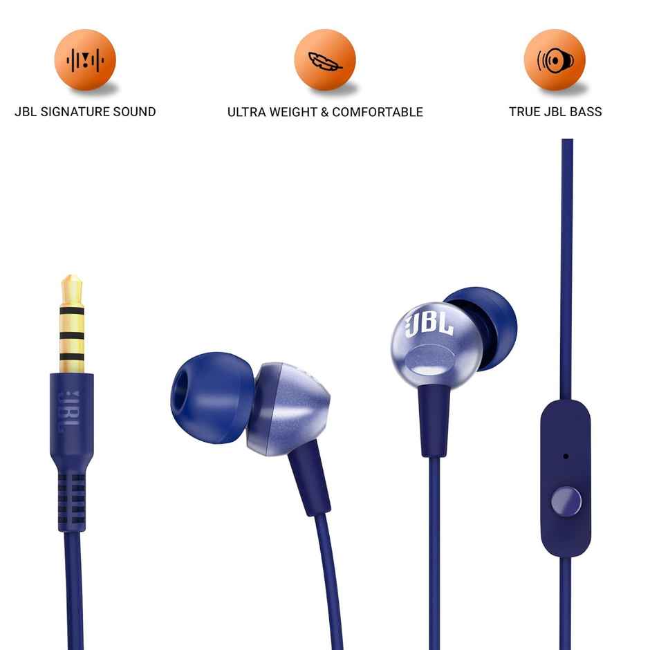 JBL C200SI, Premium in Ear Wired Earphones with Mic, 3.5mm Audio Jack, Signature Sound, One Button Multi-Function Remote, Premium Metallic Finish, Angled Earbuds for Comfort fit - Blue