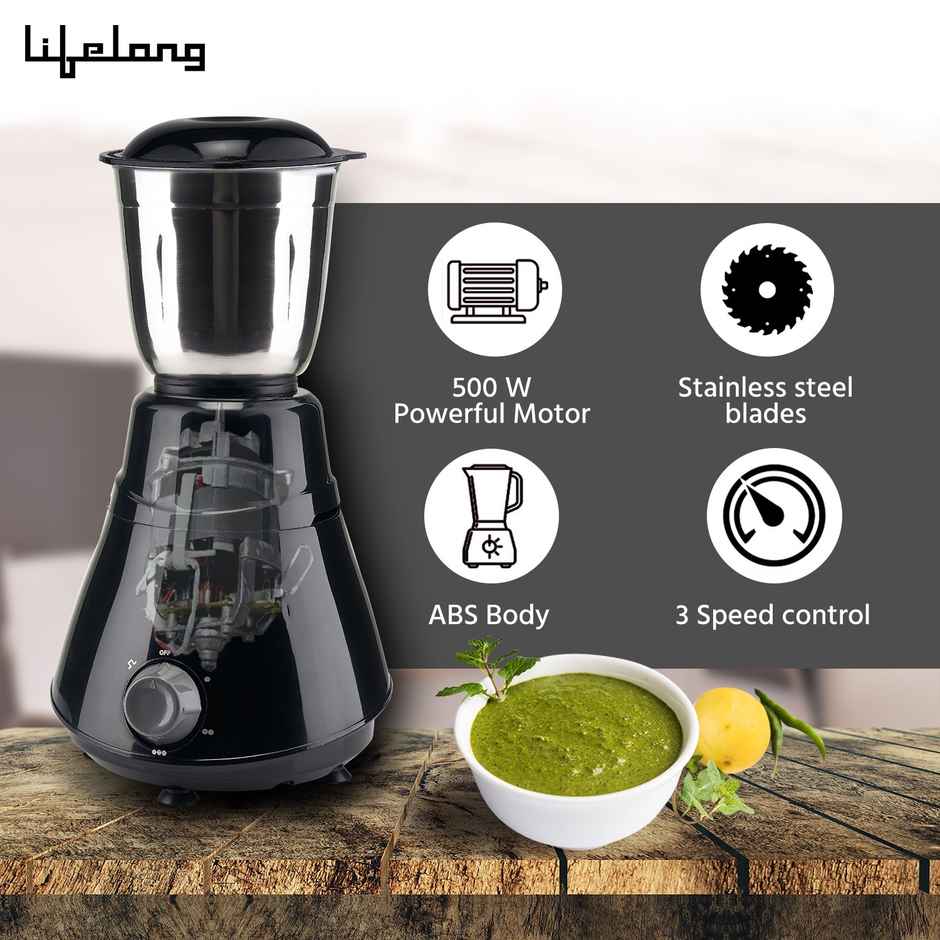 Lifelong LLMG202 Mixer Grinder | 500W | 2 Jars for Wet & Chutney Grinding | SS Blades | Black