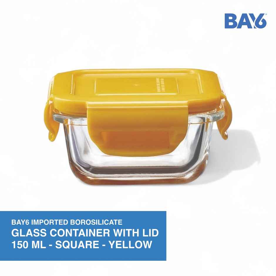 BAY6 Premium Imported Borosilicate Glass Container with Lid 150 ml - Square - Yellow