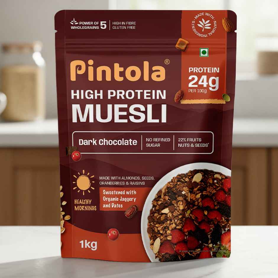 Pintola High Protein Muesli Dark Chocolate & Cranberry, 24 g Protein, High Fibre, Trans Fat Free