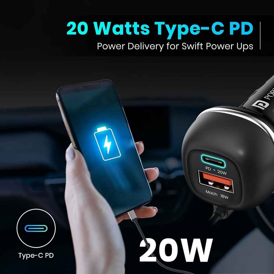 Portronics Car Power 1C 20W Car Charger With Triple Output- Black