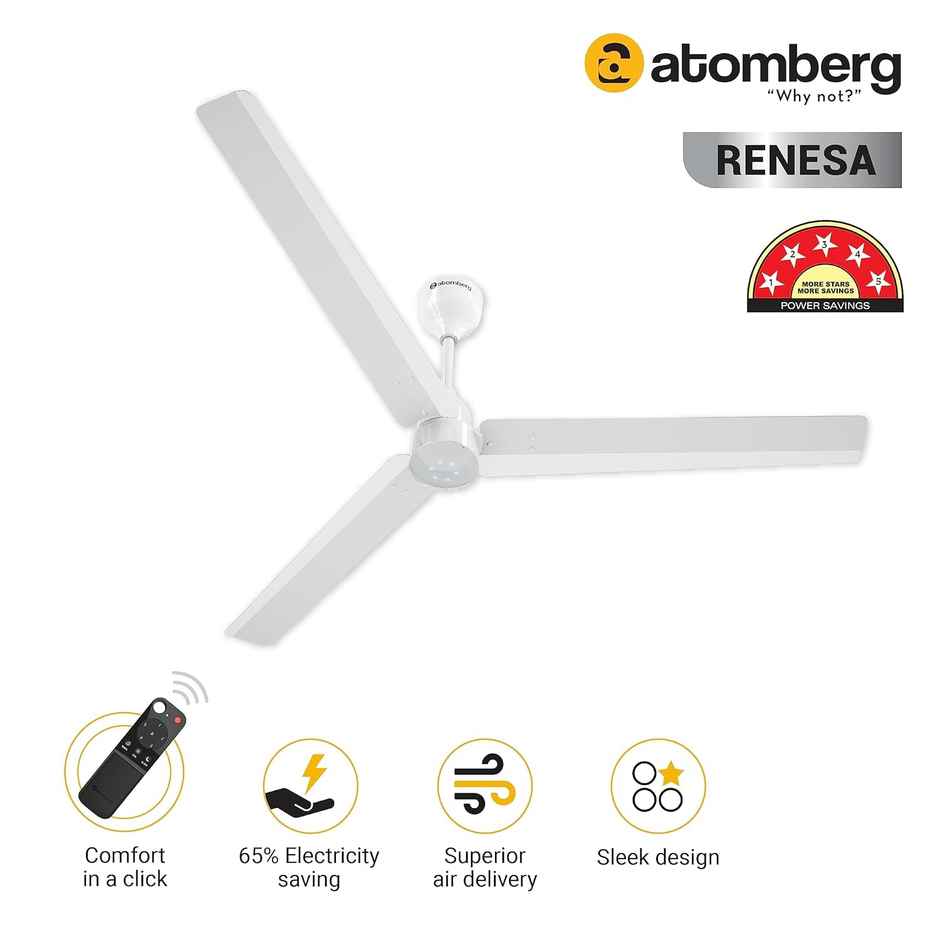 Atomberg Renesa BLDC Ceiling Fan,1400mm,Remote Control,BEE 5 Star Rated,LED Indicators,Gloss White