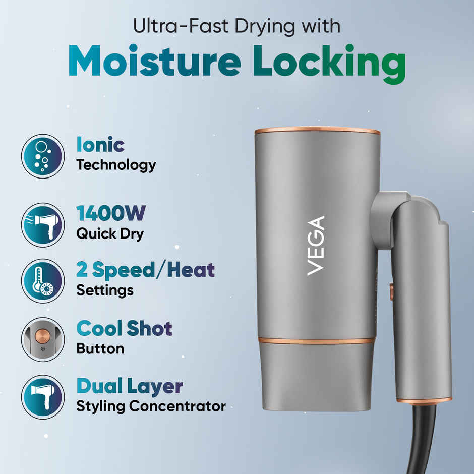 Vega Ionic 1200-1400W Hair Dryer with Cool Shot Button, 2 Heat/Speed Setting, (VHDH-28)