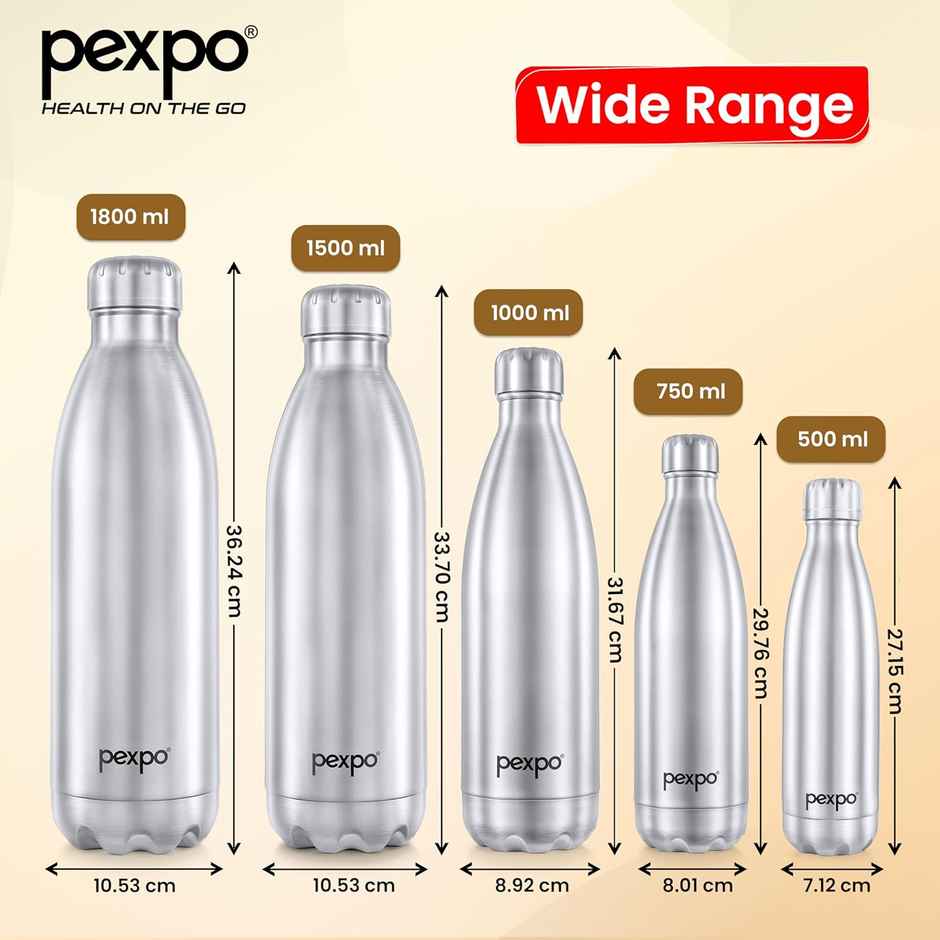Pexpo Stainless Steel Electro 24 Hrs Hot & Cold ISI Certified Flask Water Bottle | Silver | 1 L