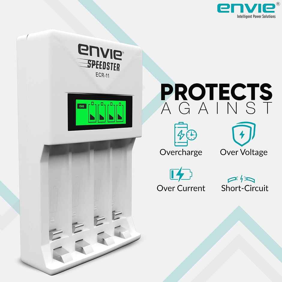 Envie (ECR-011) Speedster Fast Charger for AA & AAA Rechargeable Batteries with LCD Display Indicator & Auto Cut Charging - Charges 4 Batteries at a Time