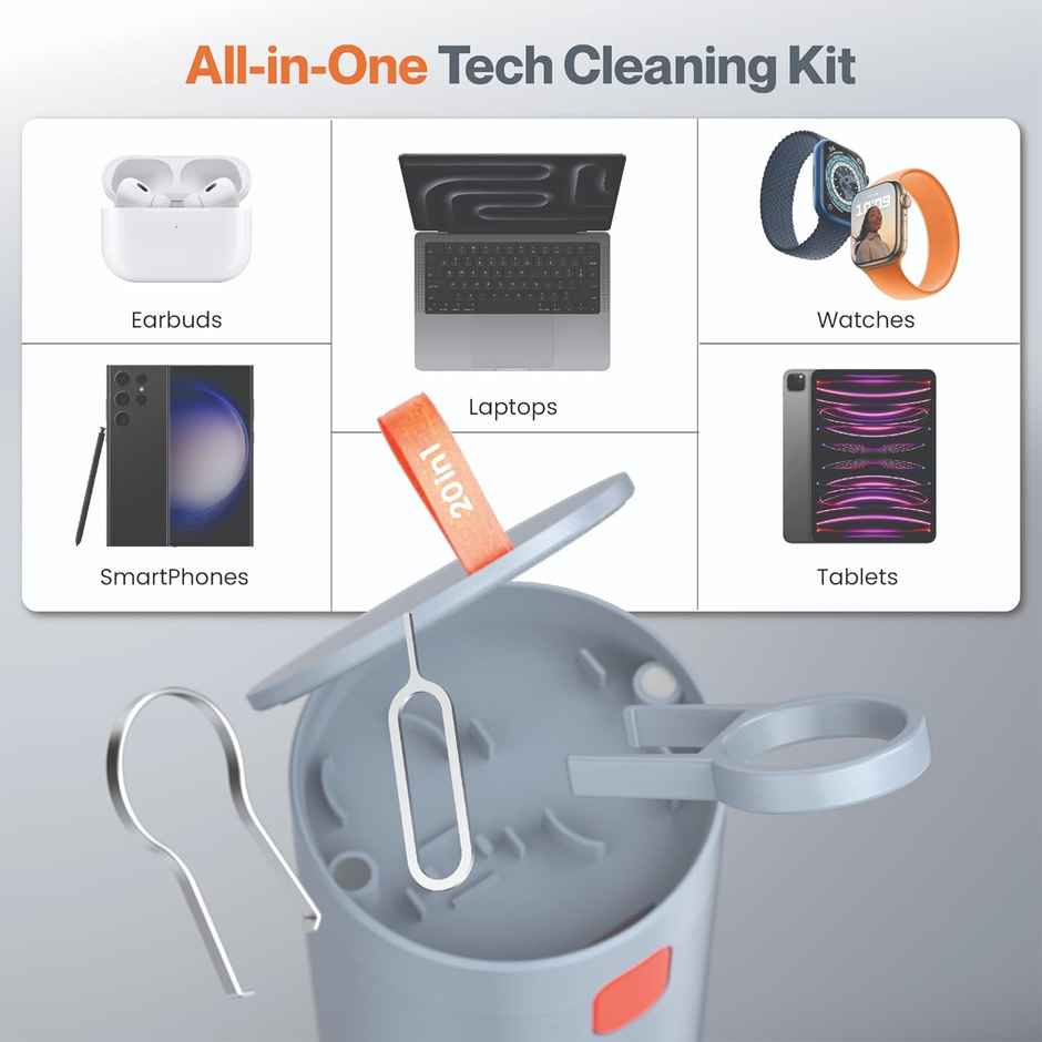 Ambrane (ACK-01) 20-in-1 Cleaning Kit for Smartphones, Tablet, PC Computer, Laptops, Keyboards, DSLR Camera Lens, Earphones, Airpods with Screen Dust Brush, Key Puller & Spray Bottle - Grey