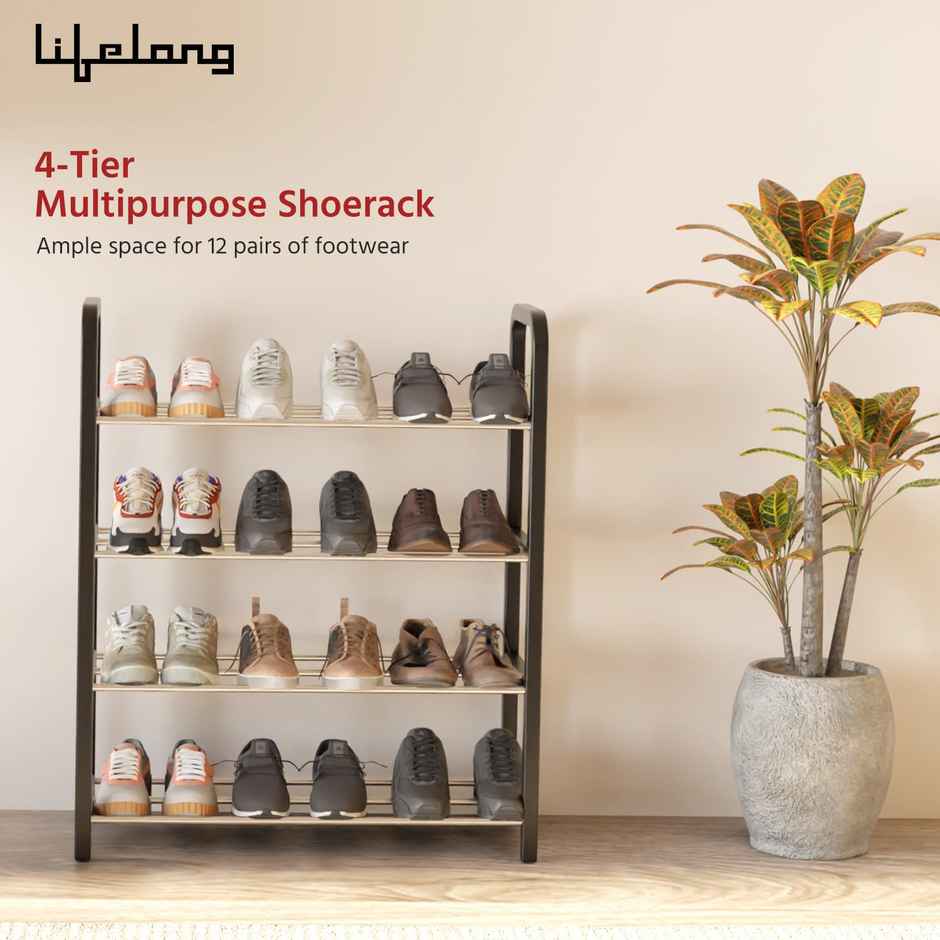 Lifelong Shoe Rack for Home | 4-Tier | Ideal for 12 Shoe Pairs | Space Saving | Chrome Finish