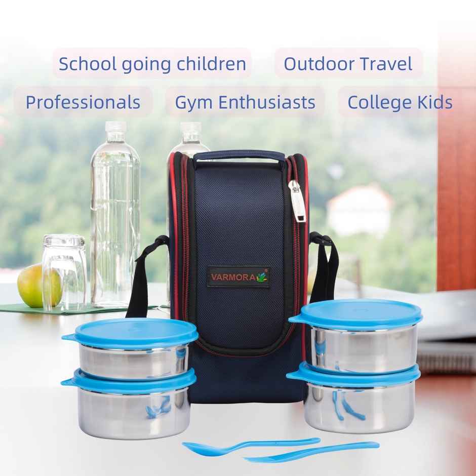 Varmora SS Mini Xclusive Lunch Box with Bag - Blue- 4 Storage Containers with Spoon and Fork