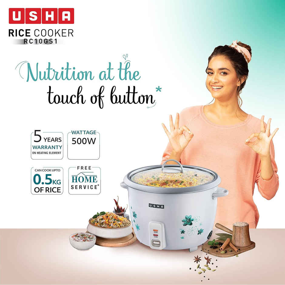 Usha RC10GS1 Steamer 500 Watt Automatic Rice Cooker 1 Litres with Powerful Heating Element, Keep Rice Warm for 5 Hrs, Steamer, Trivet Plate & more accessories,White)