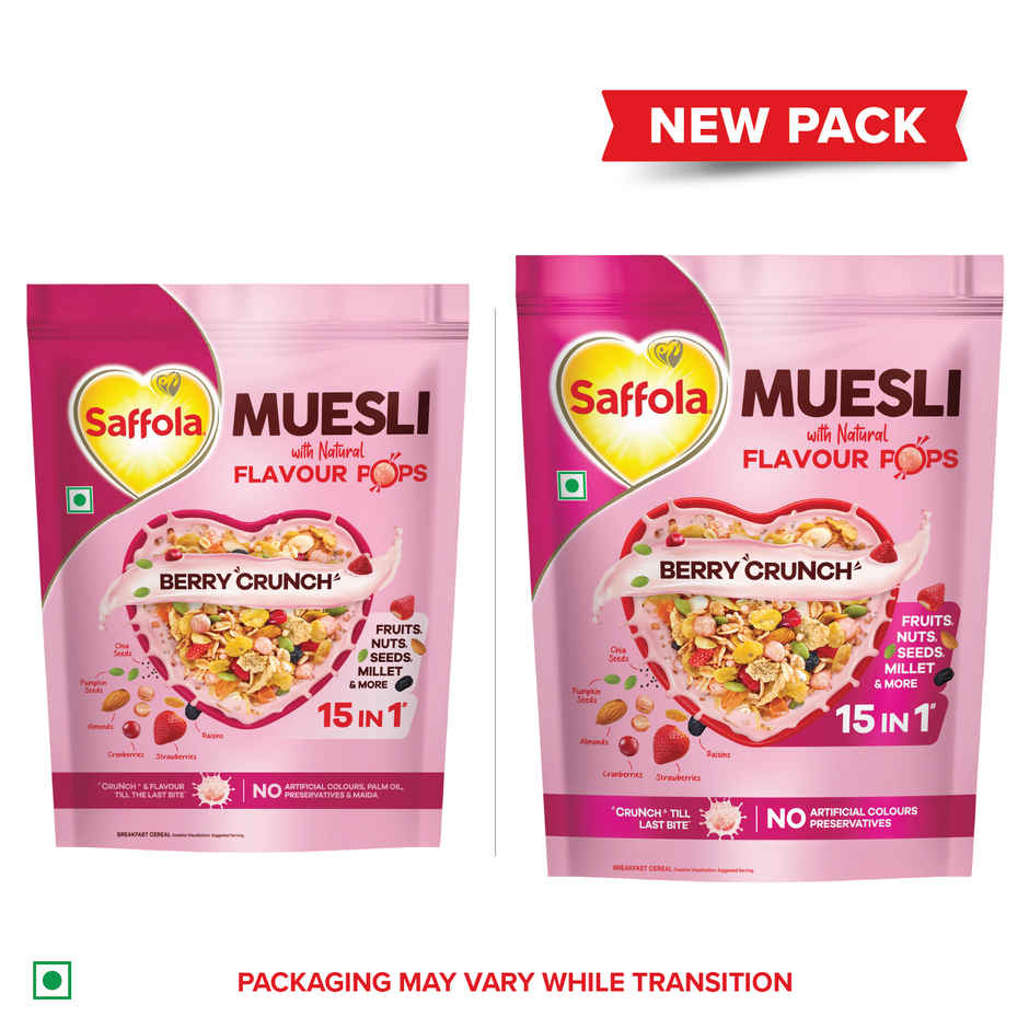 Saffola Muesli Berry Crunch With Flavour Pops, Fruits, Nuts, Seeds, Millets (15 In 1)