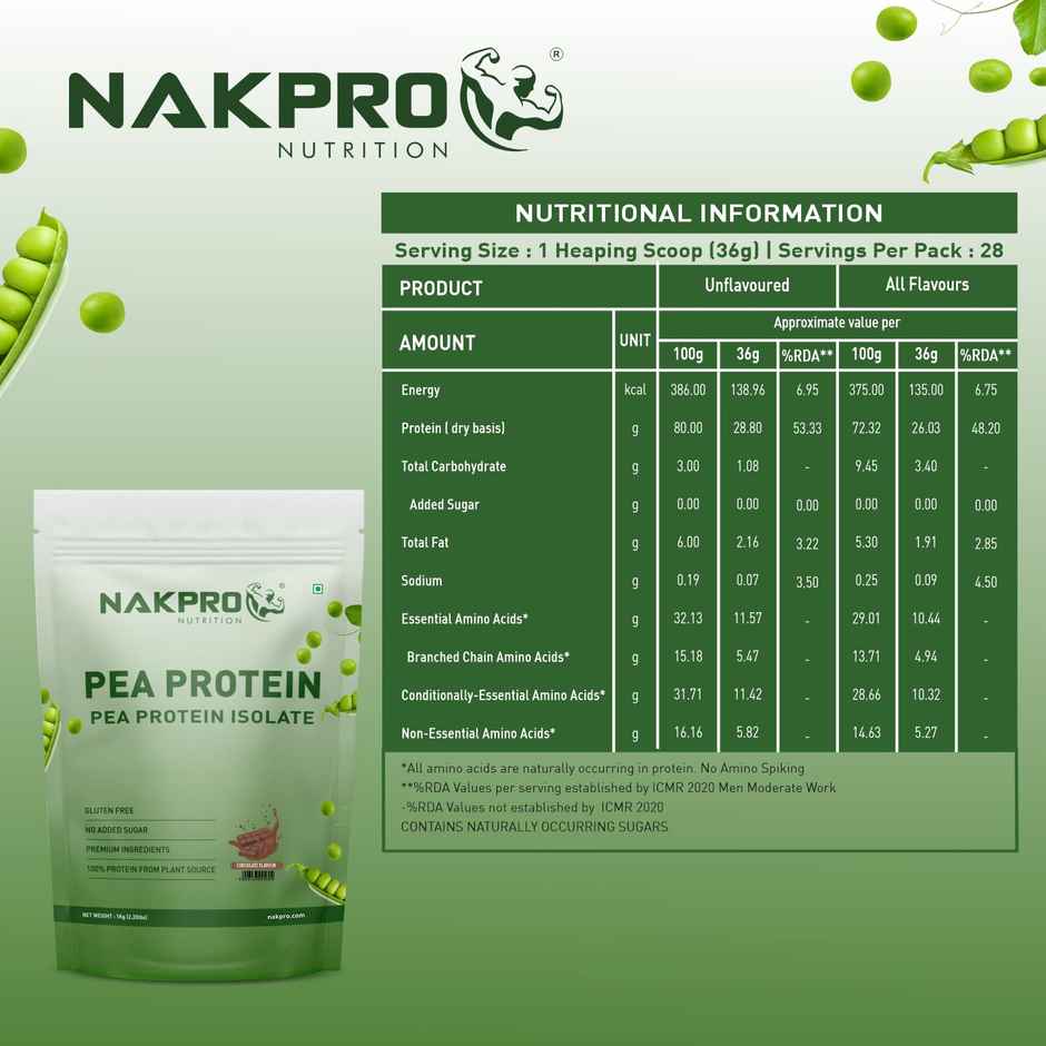 Nakpro Pea Protein Isolate Chocolate - 26G Protein 4.9G Bcaa