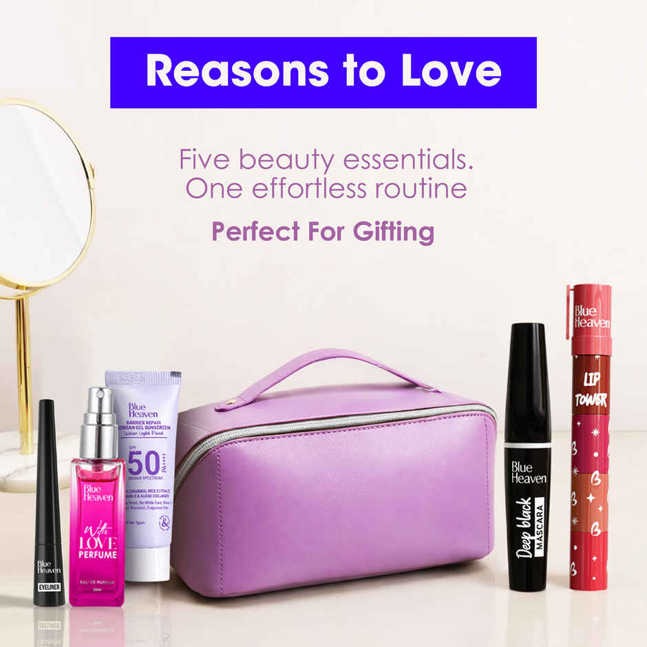 Blue Heaven Glam Ready Beauty Gift Set With Pouch - Lipstick, Eyeliner, Mascara, Perfume, Sunscreen