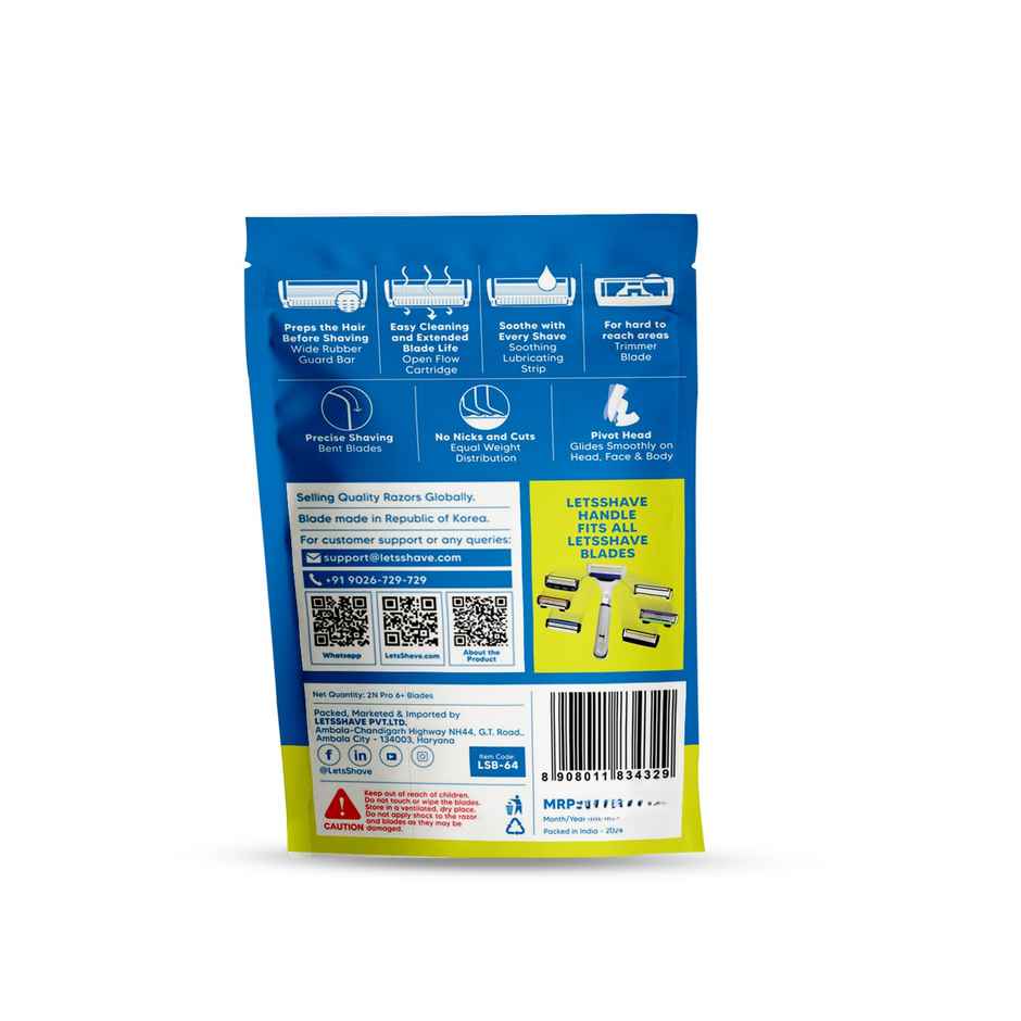 LetsShave Pro 6 Plus Shaving Blades for Men | World's First 6-blade with Precision back blade