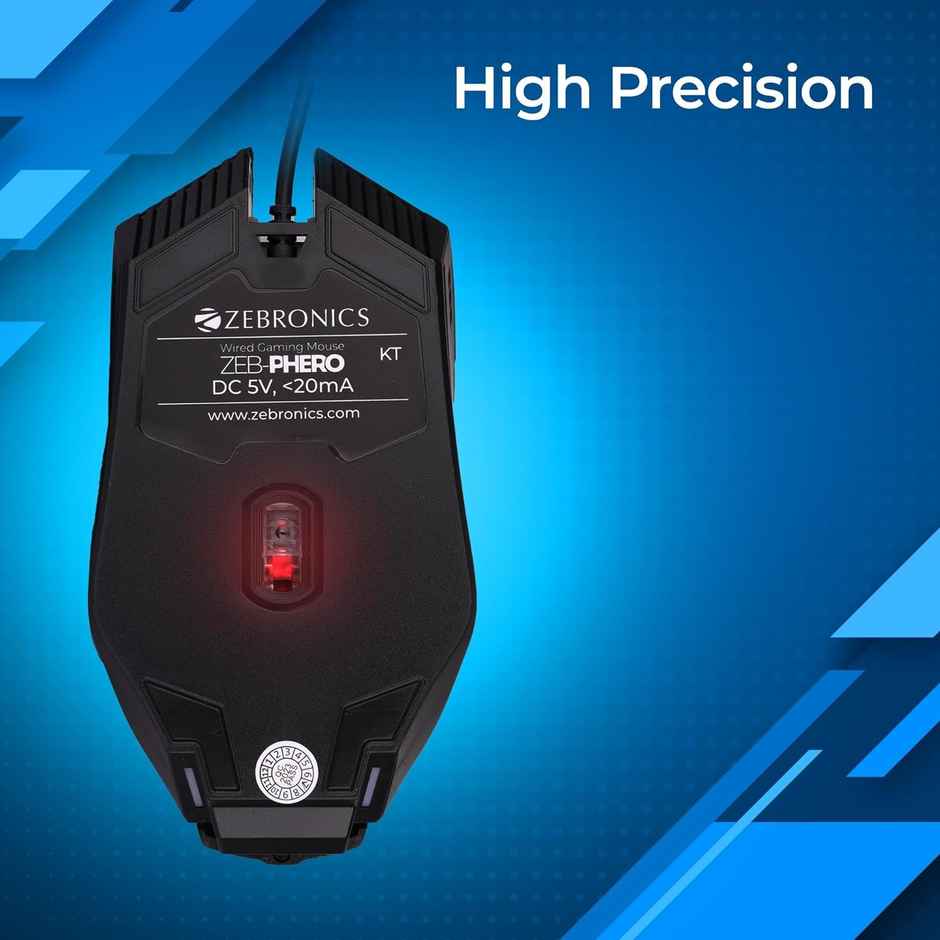 Zebronics Phero Wired Gaming Mouse With Up to 1600 DPI, LED Lights, DPI Switch, High Precision,4 Buttons - Black