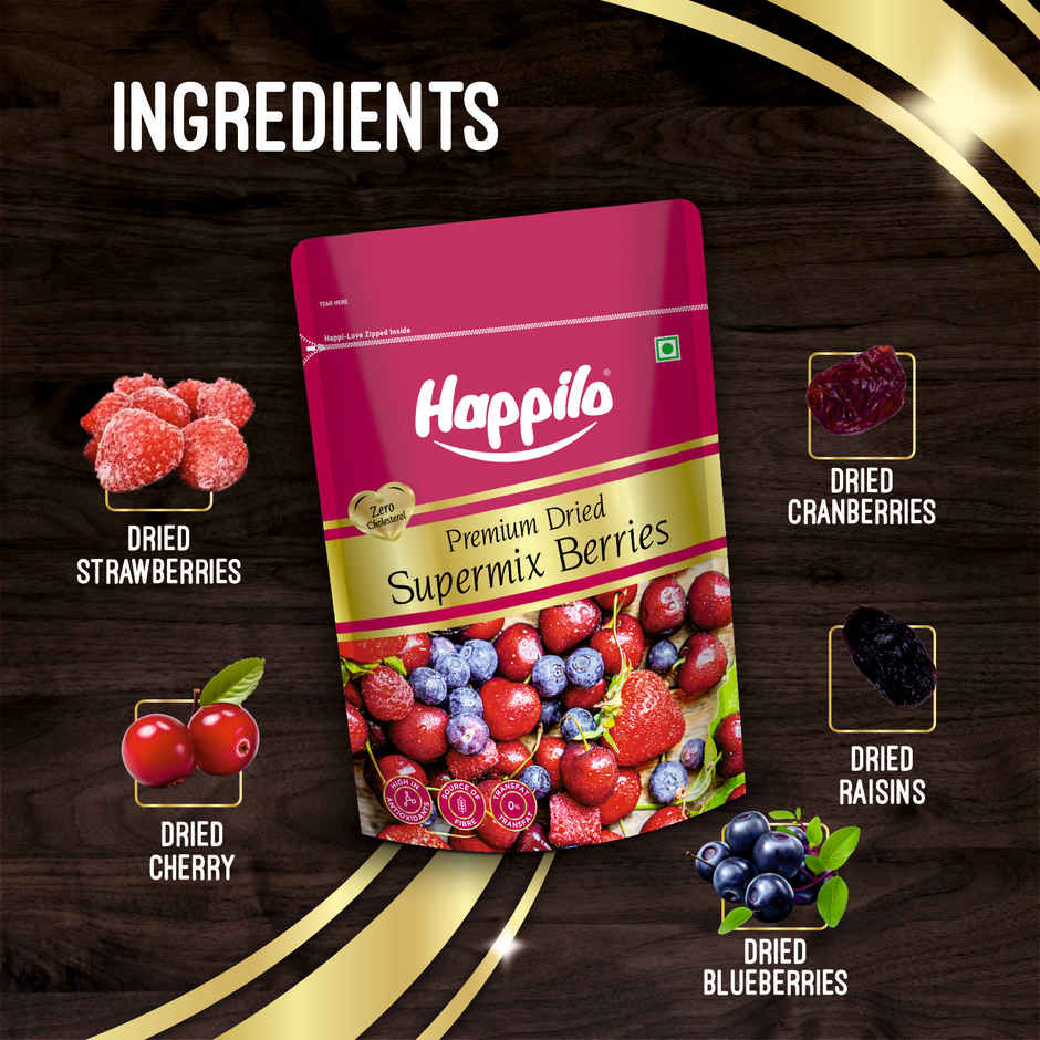 Happilo Dried Supermix Berries|Dried Blueberries |Dried Cherry|Dried Strawberries|Dried Raisins