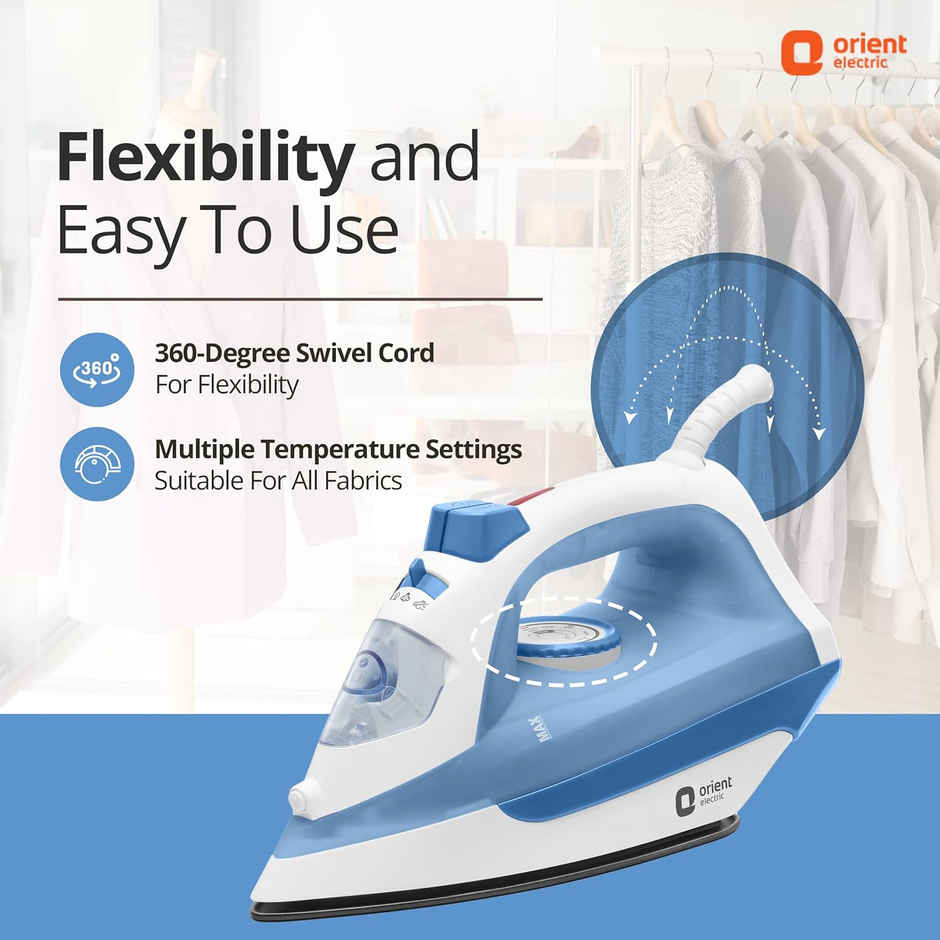 Orient Electric FabriFeel Steam iron, 1600W, Non-stick Weilburger coating, 360-degree swivel cord, Vertical & Horizontal Ironing - Blue and White