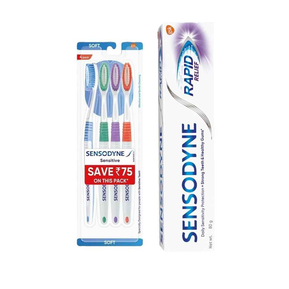 Sensodyne Rapid Relief Long Lasting Protection For Sensitive Teeth Toothpaste (80g) & Sensodyne Sensentive Tooth Brush (4pc) Combo
