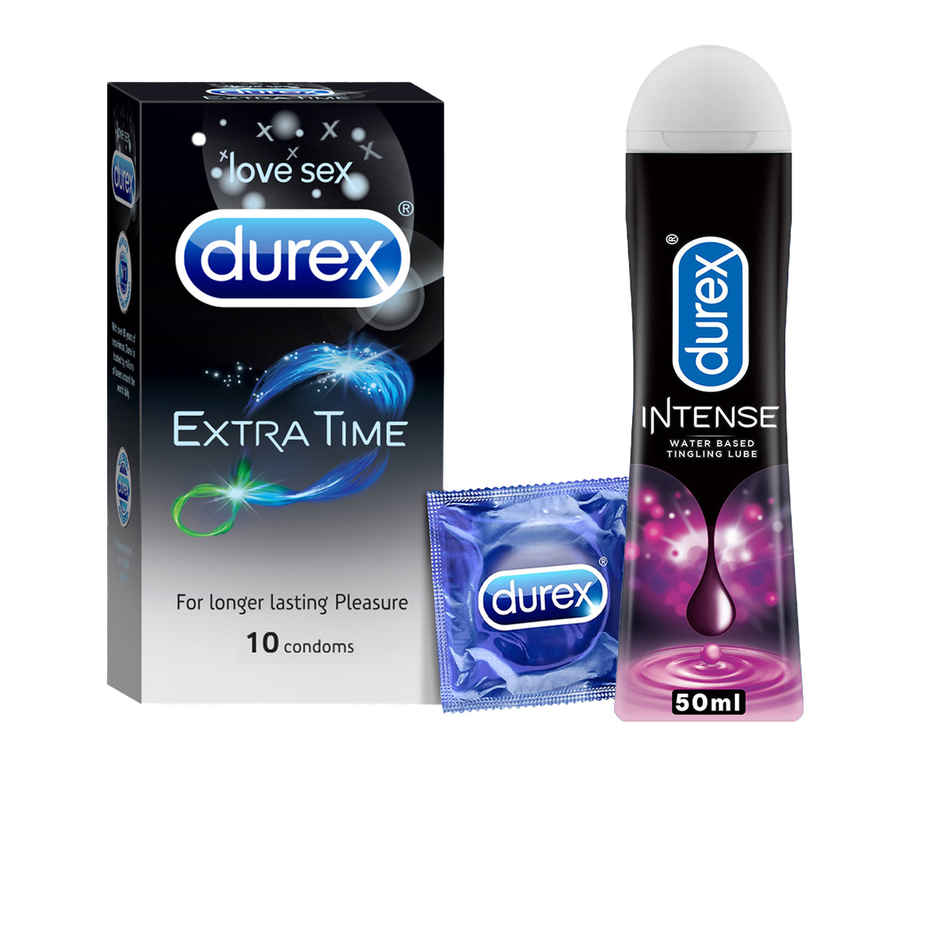 Durex Extra Time Condom - Long-Last Condoms (10pc) & Durex Lube - Intense - Tingling Lubricant (50ml) Combo