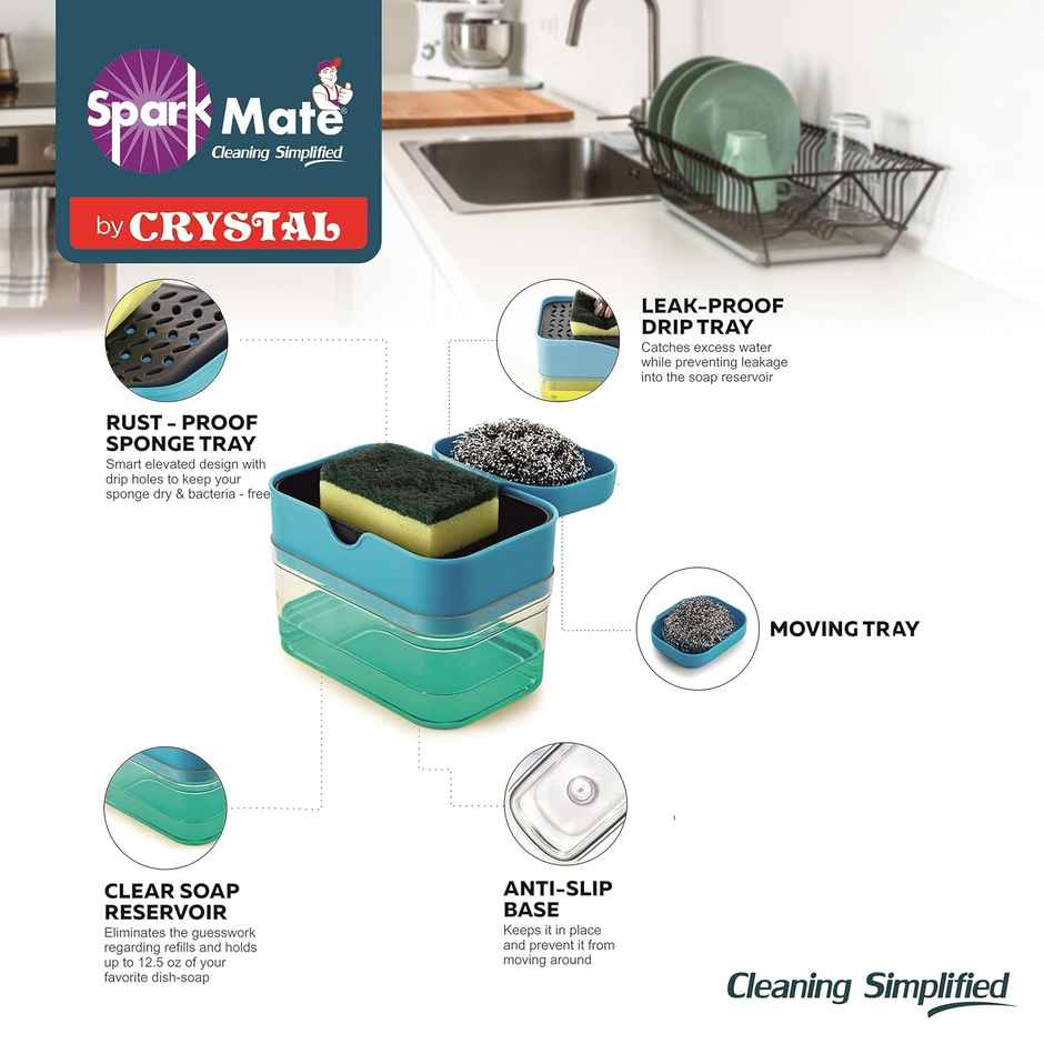 Sparkmate By Crystal Premium Soap Dispenser 2 In 1 - Ss Scourer & Sponge With Scrubber