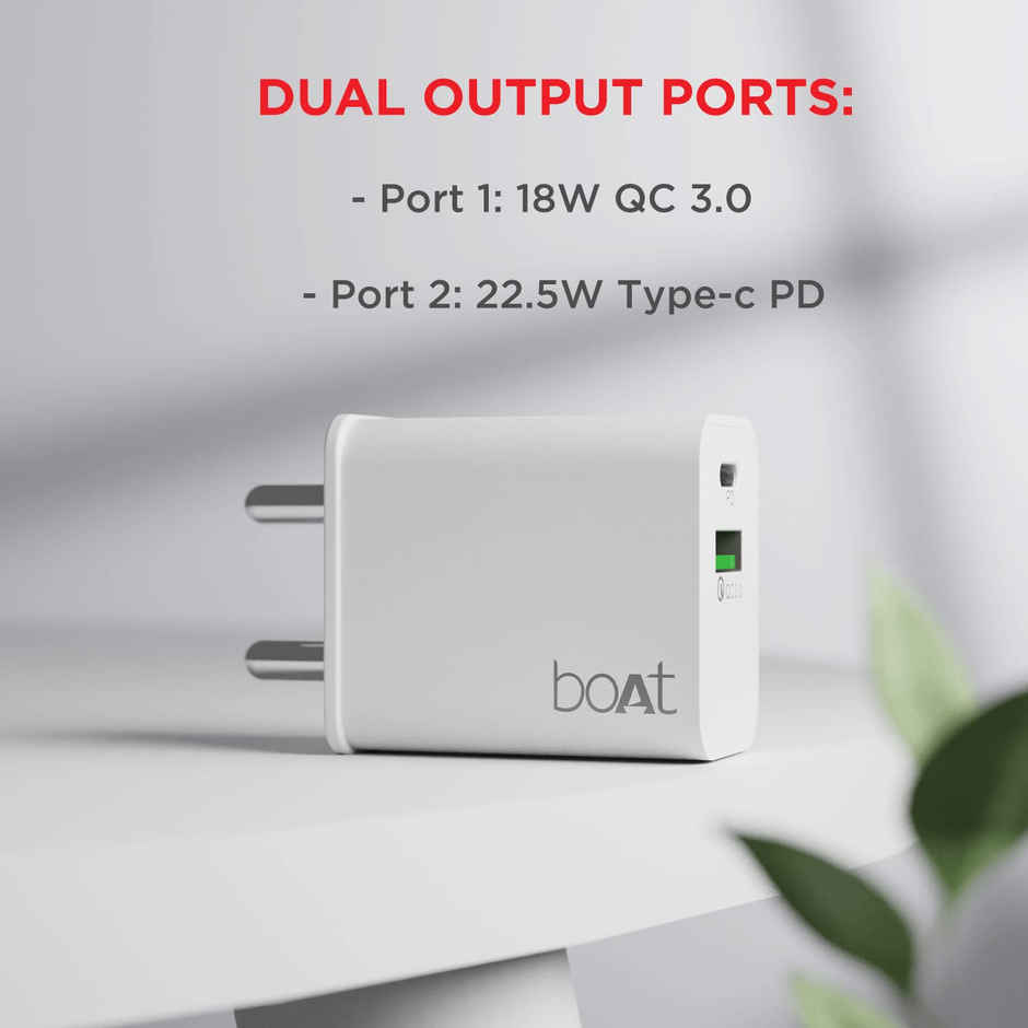 boAt WCDV 22.5W Dual Port Charger with 22.5W Power Delivery Support & 18W Quick Charge 3.0, Smart IC Protection, Auto Detection for Samsung, Xiaomi & Android Users with Type C to Type C Cable - White