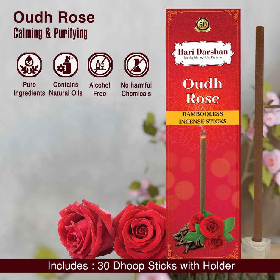 Hari Darshan Bamboo Less Incense Sticks - Oudh Rose - 30 Sticks