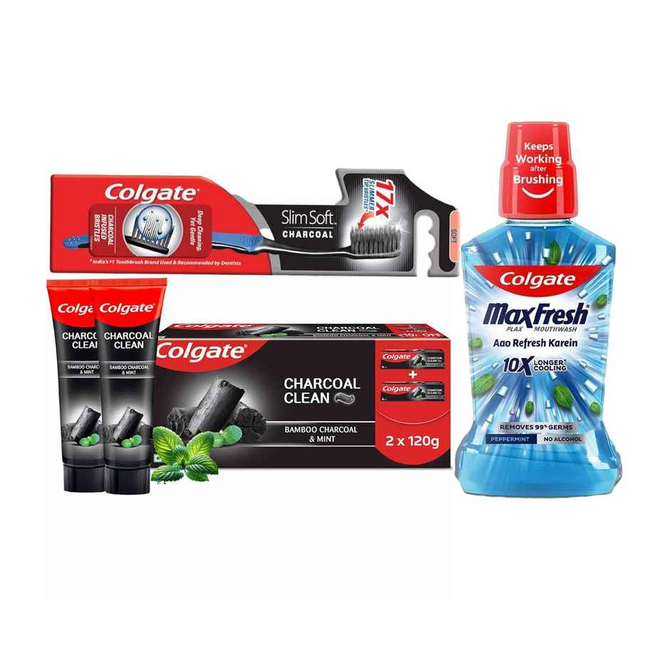 Colgate Toothbrush - Slim Soft Charcoal (1pc) & Colgate Plax Peppermint Mouthwash (250ml) & Colgate Charcoal Clean Black Gel Toothpaste Deep Clean With Bamboo Charcoal & Wintergreen Mint (240g) Combo