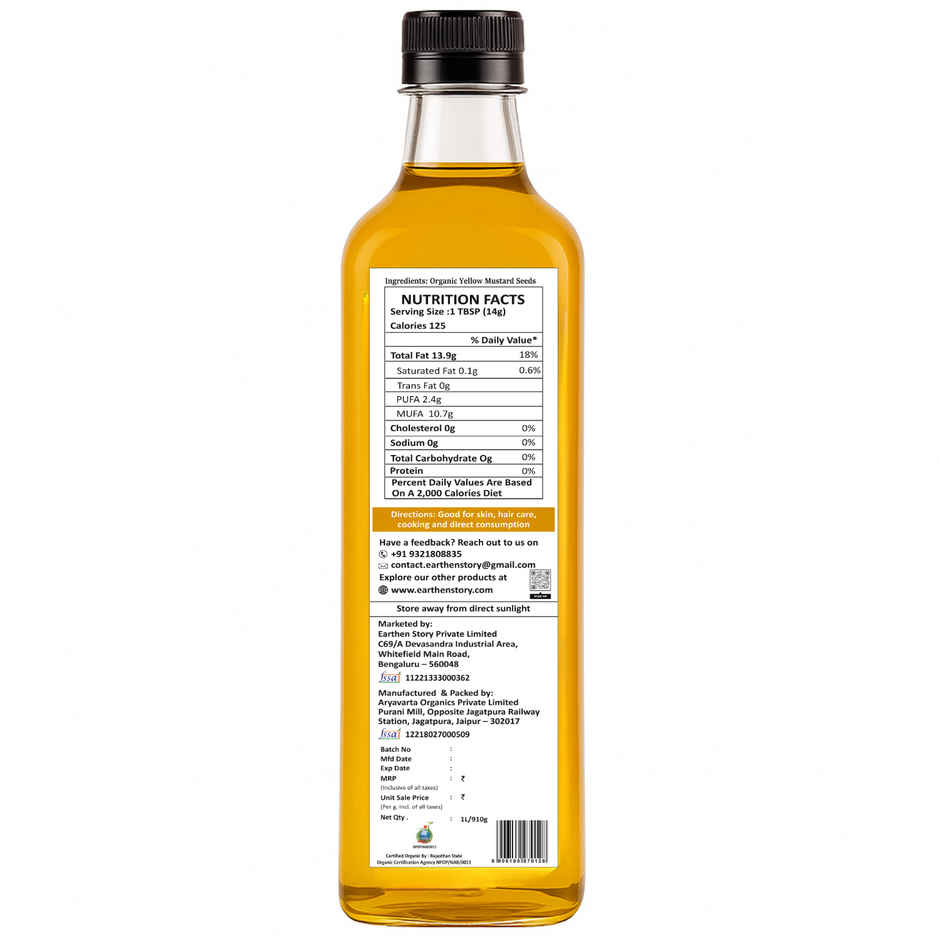 Earthen Story Organic Yellow Mustard (Sarson) Cold Pressed Oil | Healthy Cooking Oil