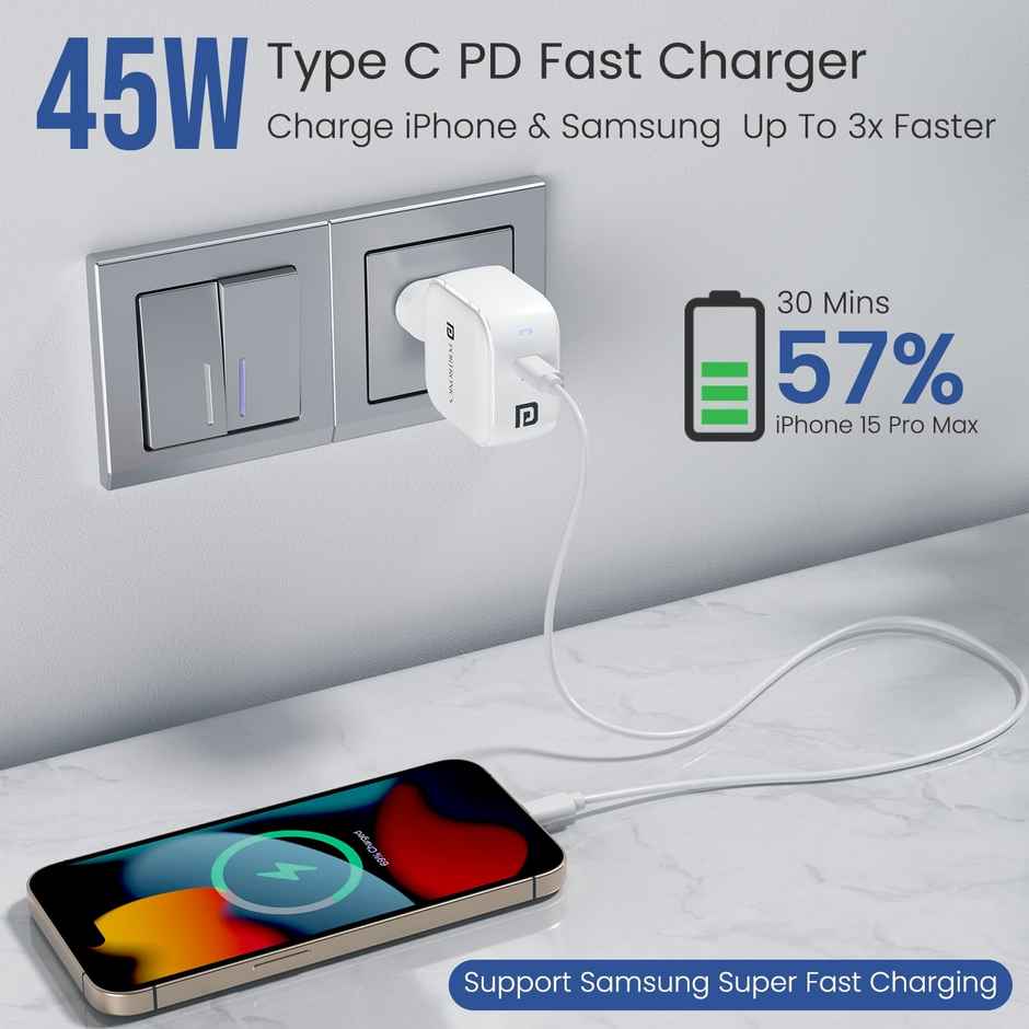 Portronics 45W Adapto 45C Type C SuperFast Charger Adaptor with Type C Cable