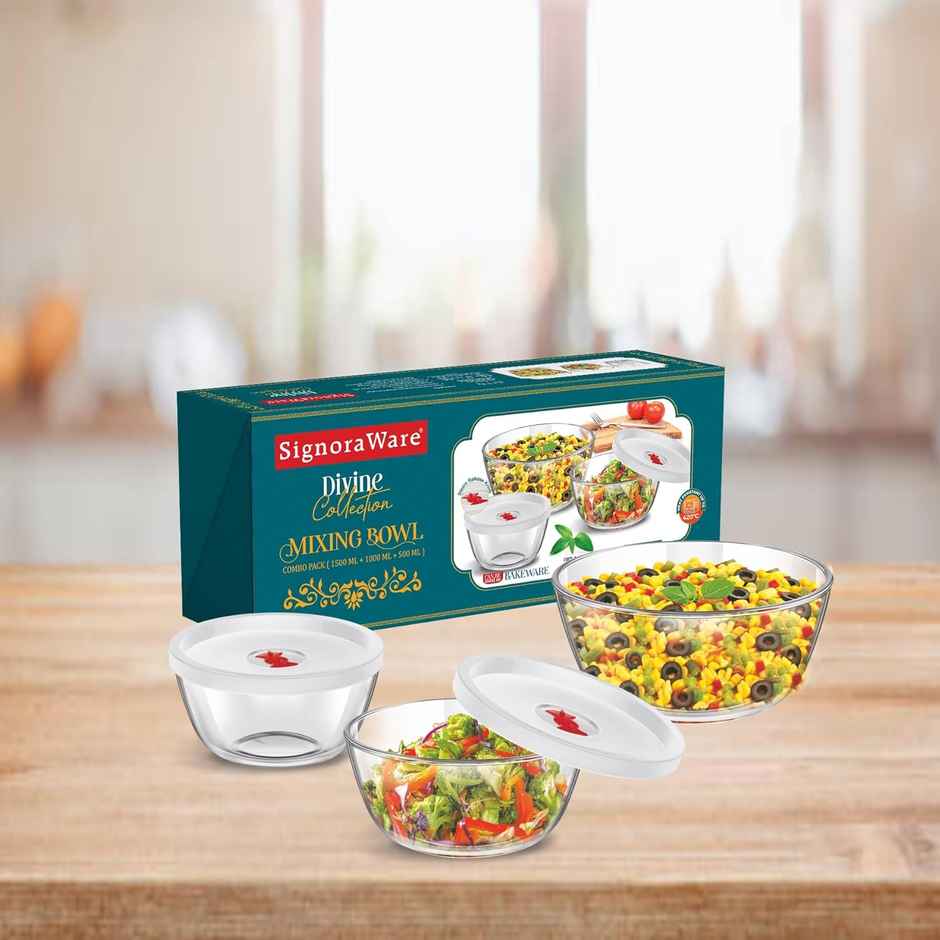 SignoraWare Mixing Borosilicate Glass Bowl Set Of 3 With Lids, 500Ml+1000Ml+1500Ml, 1220Clear