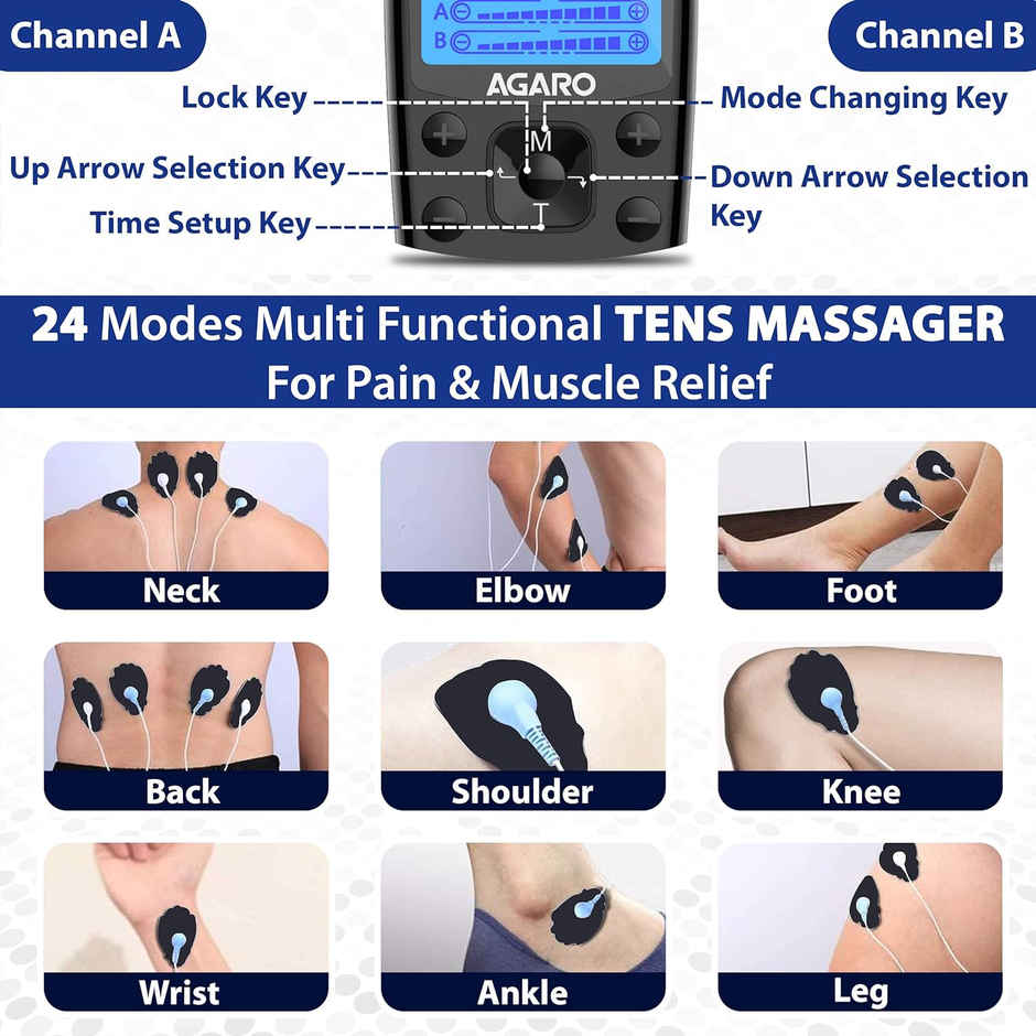 Agaro Dual Channel Tens Massager Tm2421 24 Modes, 20 Intensity Levels, Rechargeable, Muscle/Nerve