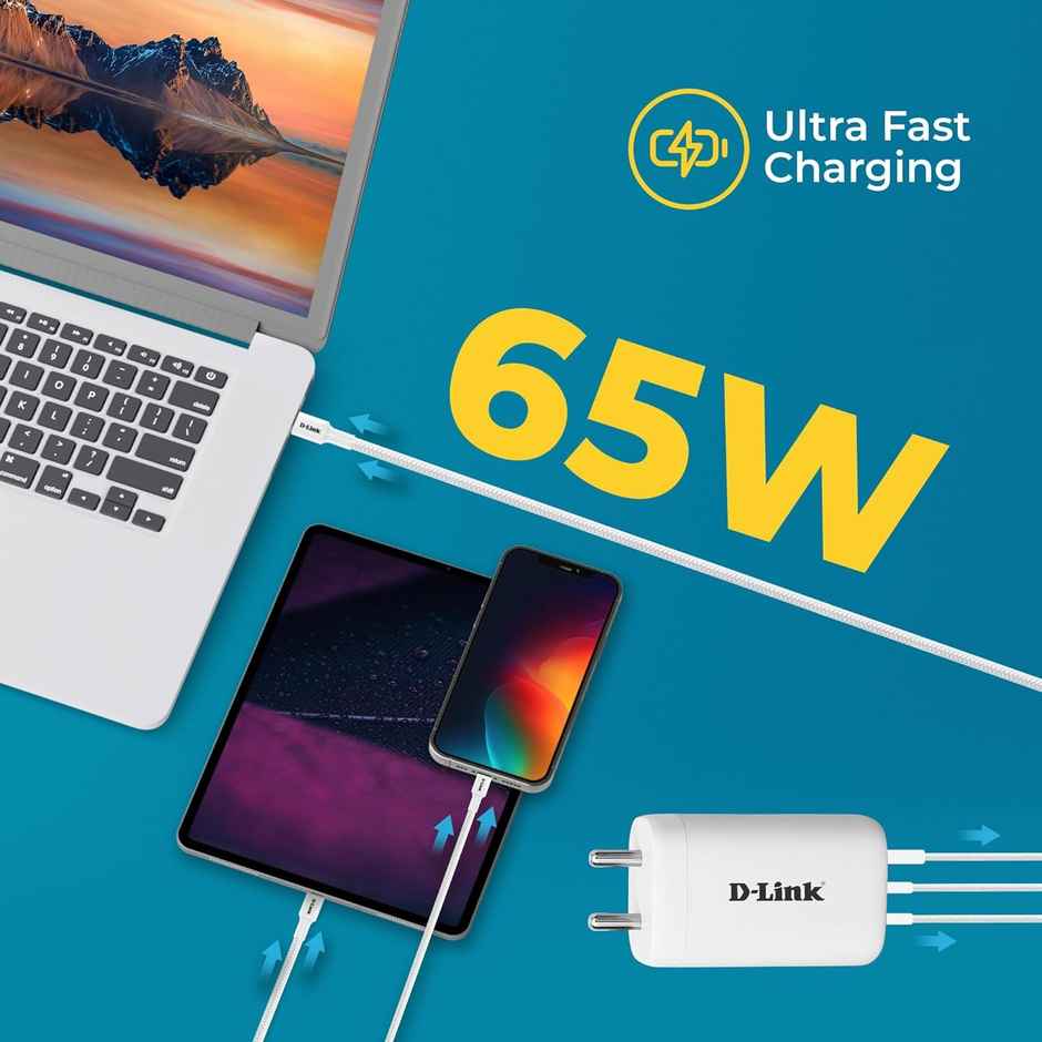 D-Link 65W Triple Port Fast Charger 2 Type-C and 1 USB-A ,Free Type C to Type C Cable- White
