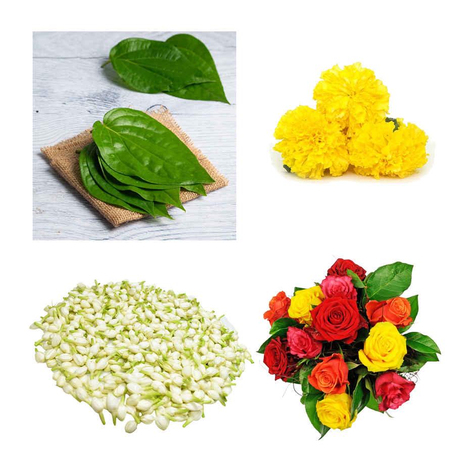 Betel Leaves (Pan)(10pc), Hoovu Fresh Jasmine Flowers(100gms) & Marigold(100gms) Combo