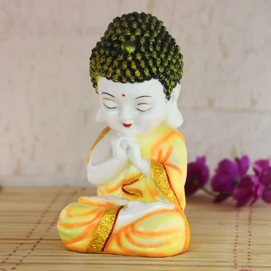 eCraftIndia Yellow And White Polyresin Praying Little Monk Buddha Statue